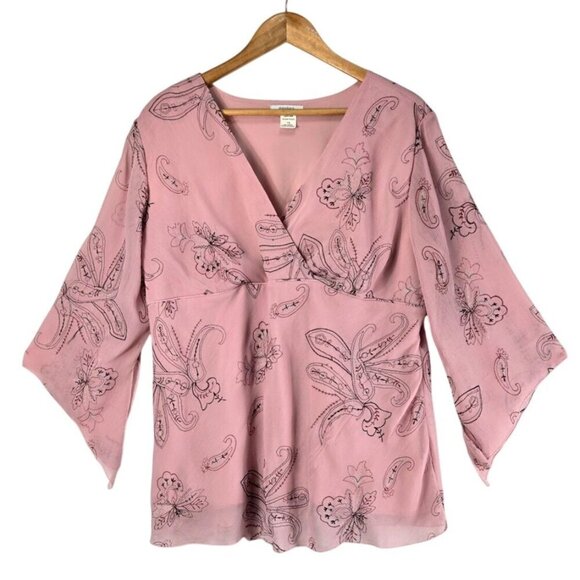 Dressbarn Woman Tops - Pink Tunic Blouse Kimono Sleeve 1X Dressbarn Paisley Floral Whimsygoth Fairycore